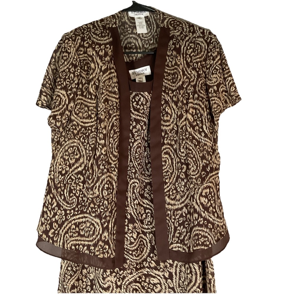 Studio I Women's Brown Paisley 2 Piece Set Dress Jacket Size 12 F81